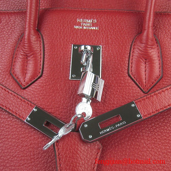 Hermes 35cm Embossed Veins Leather Bag Red 6089 Silver Hardware